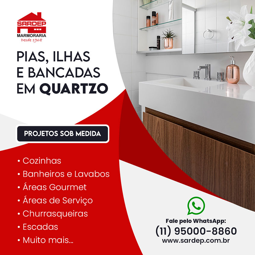 Pias, ilhas e bancadas em quartzo